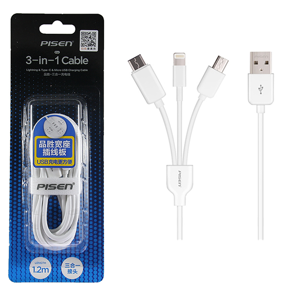 

Дата-кабель USB универсальный 3 в 1 Pisen AP07 (Lightning, MicroUSB, Type-C) (белый)