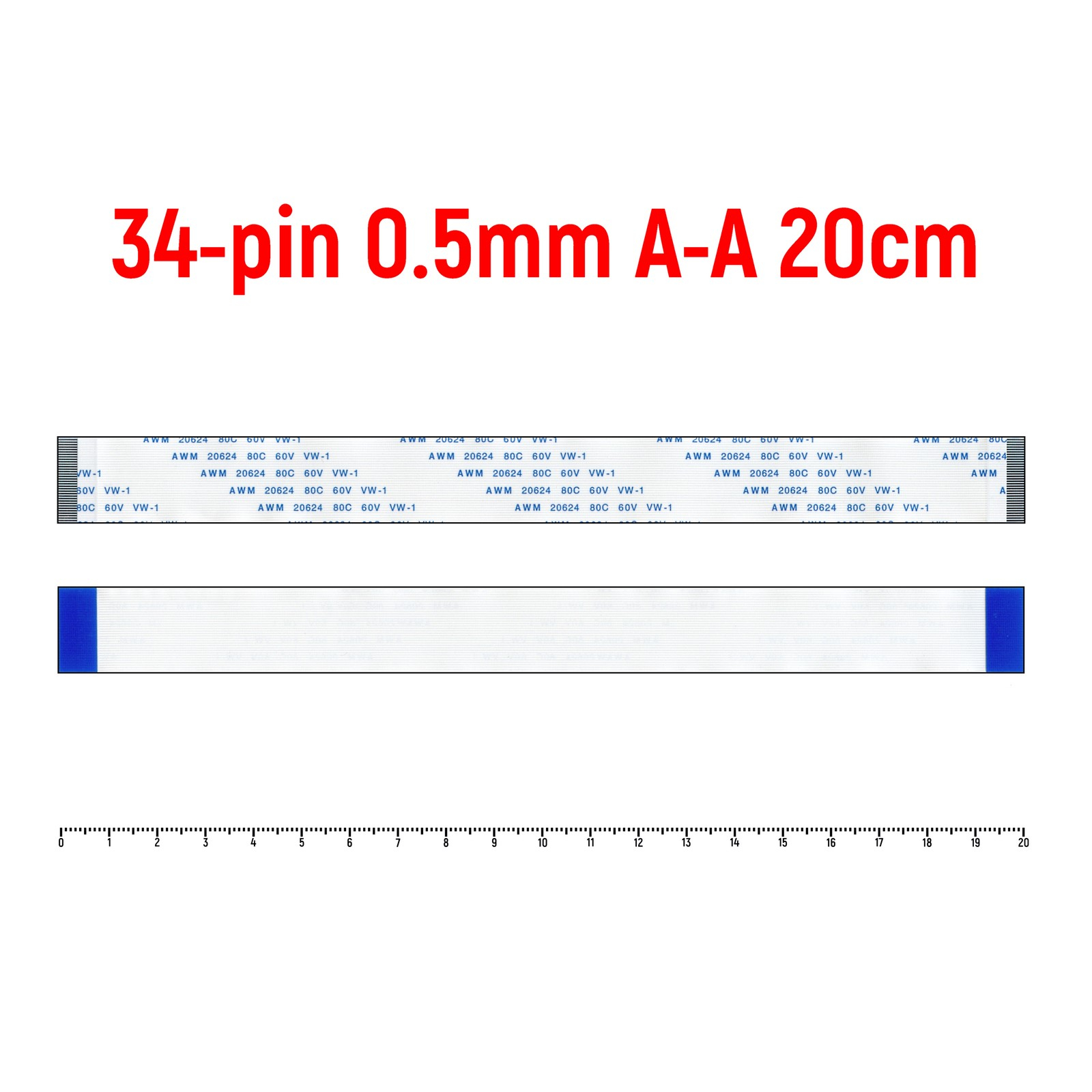 Шлейф FFC 34-pin Шаг 05mm Длина 20cm Прямой A-A AWM 20624 80C 60V VW-1 457₽