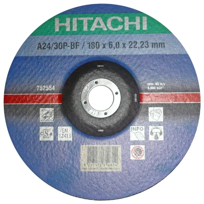 

Диск абразивный шлифовальный по металлу Hitachi A24/30P/180х6x22,2 арт: 752554, 752554