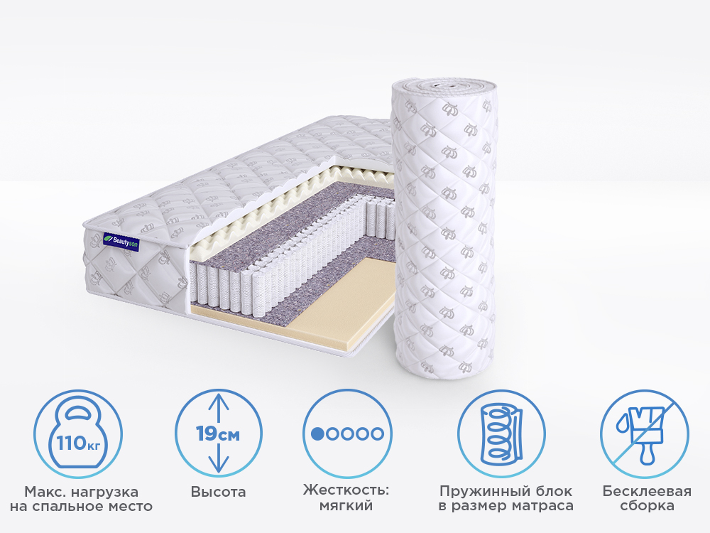 

Матрас полутороспальный BeautySon Roll SPRING Massage EcoLatex 2 S1200 110x185 19 см, Белый, Roll SPRING Massage EcoLatex 2 S1200