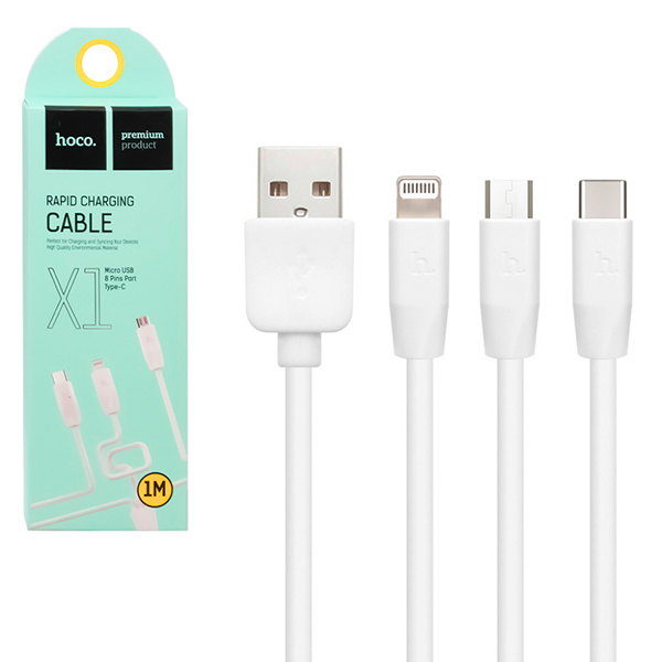 

Дата-кабель USB универсальный 3 в 1 Hoco X1 (Lightning, MicroUSB, Type-C) (белый)