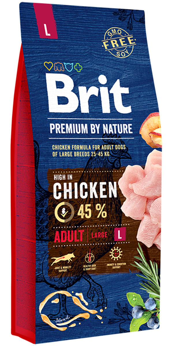 фото Сухой корм для собак крупных пород brit premium by nature adult l, курица, 15+3кг