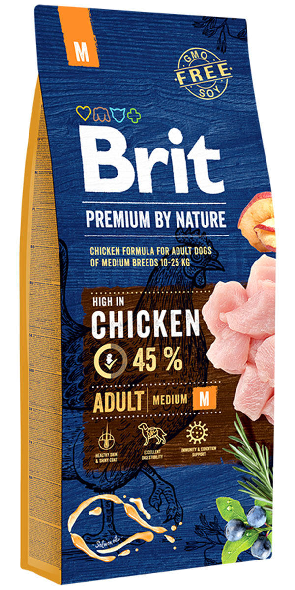 фото Сухой корм для собак средних пород brit premium by nature adult m, курица, 15+3кг