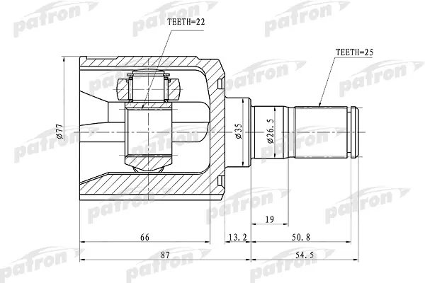 

ШРУС внутренний 22x35x25 HYUNDAI GETZ 02-11, ACCENT/VERNA 99- PATRON PCV1010