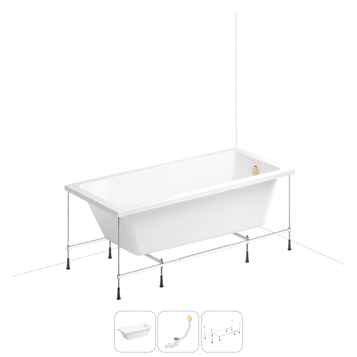 

Акриловая ванна 150х80 см Wellsee FreeDom 202010536, в наборе 3 в 1, Белый, bath.FreeDom_ветка_A_слив-перелив золото