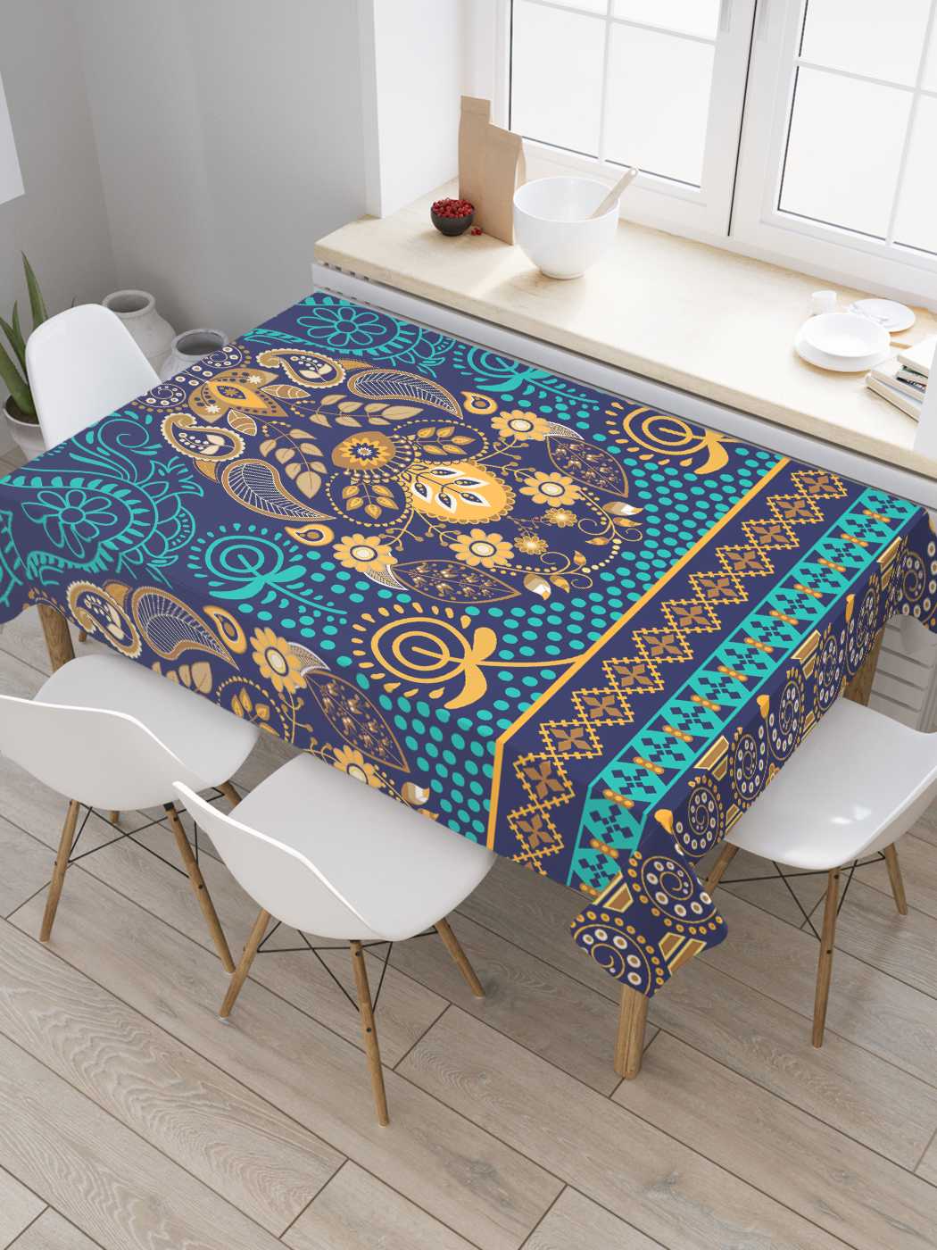 

Скатерть прямоугольная JoyArty "Цветочное золото" из оксфорда, 180x145 см, Голубой, Цветочное золото