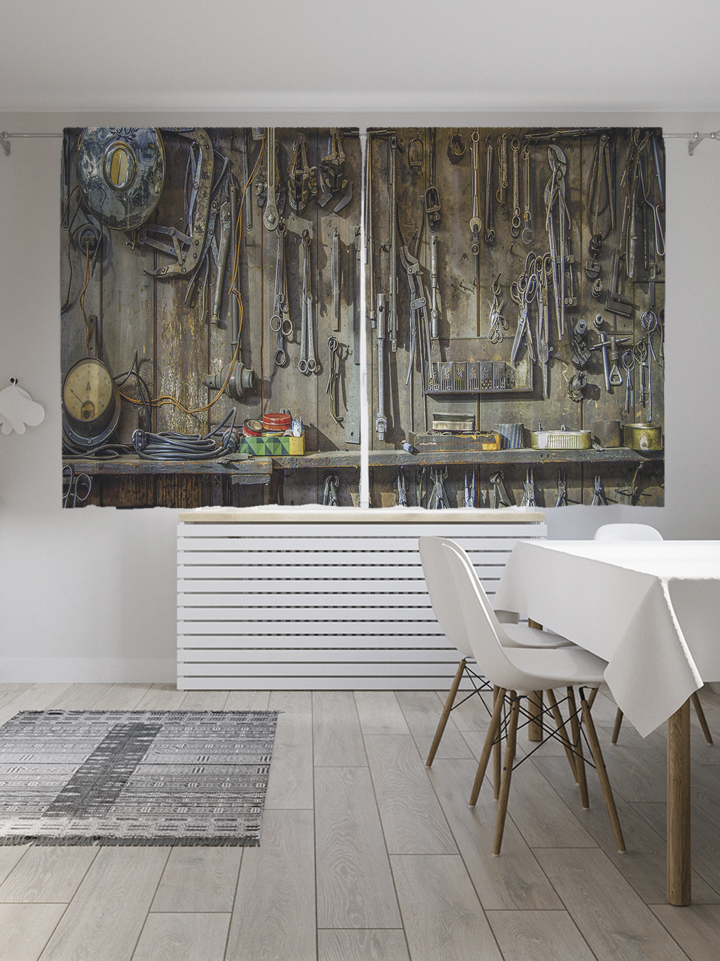 

Шторы с фотопечатью JoyArty "Полки гаража" из сатена, 290х180 см