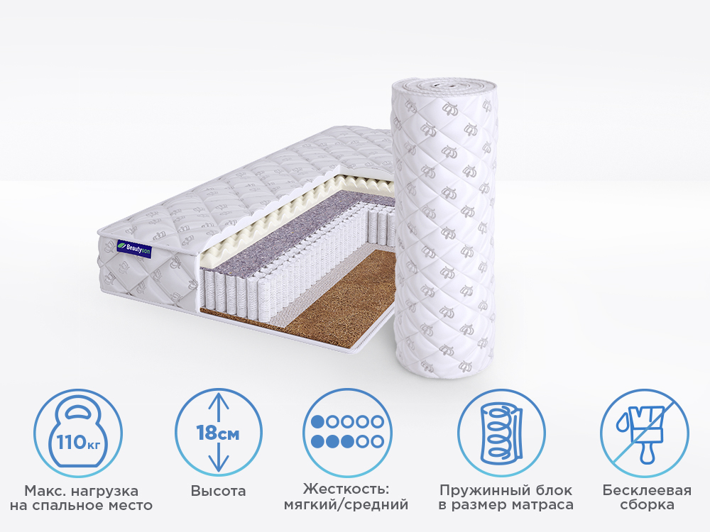 

Матрас полутороспальный BeautySon Roll SPRING Massage Cocos S1200 Бесклеевой 120x195 18 см, Белый, Roll SPRING Massage Cocos S1200