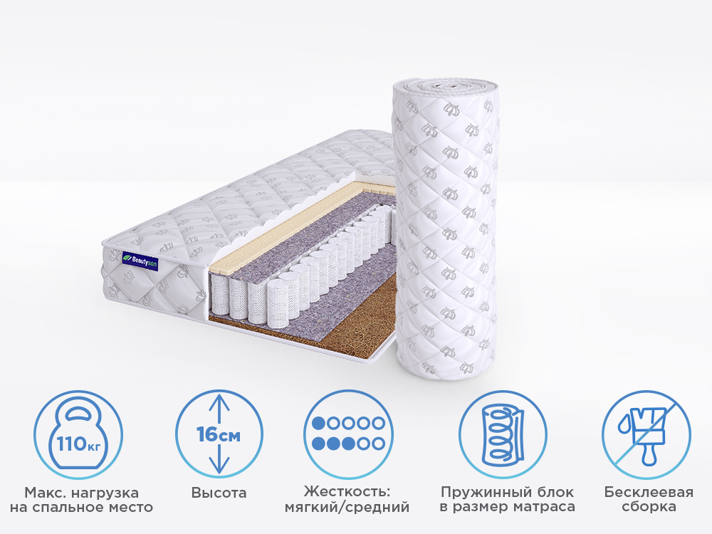 

Матрас полутороспальный BeautySon Roll SPRING Latex Cocos S600 Бесклеевой 110x186 16 см, Roll SPRING Latex Cocos S600 - Бесклеевой