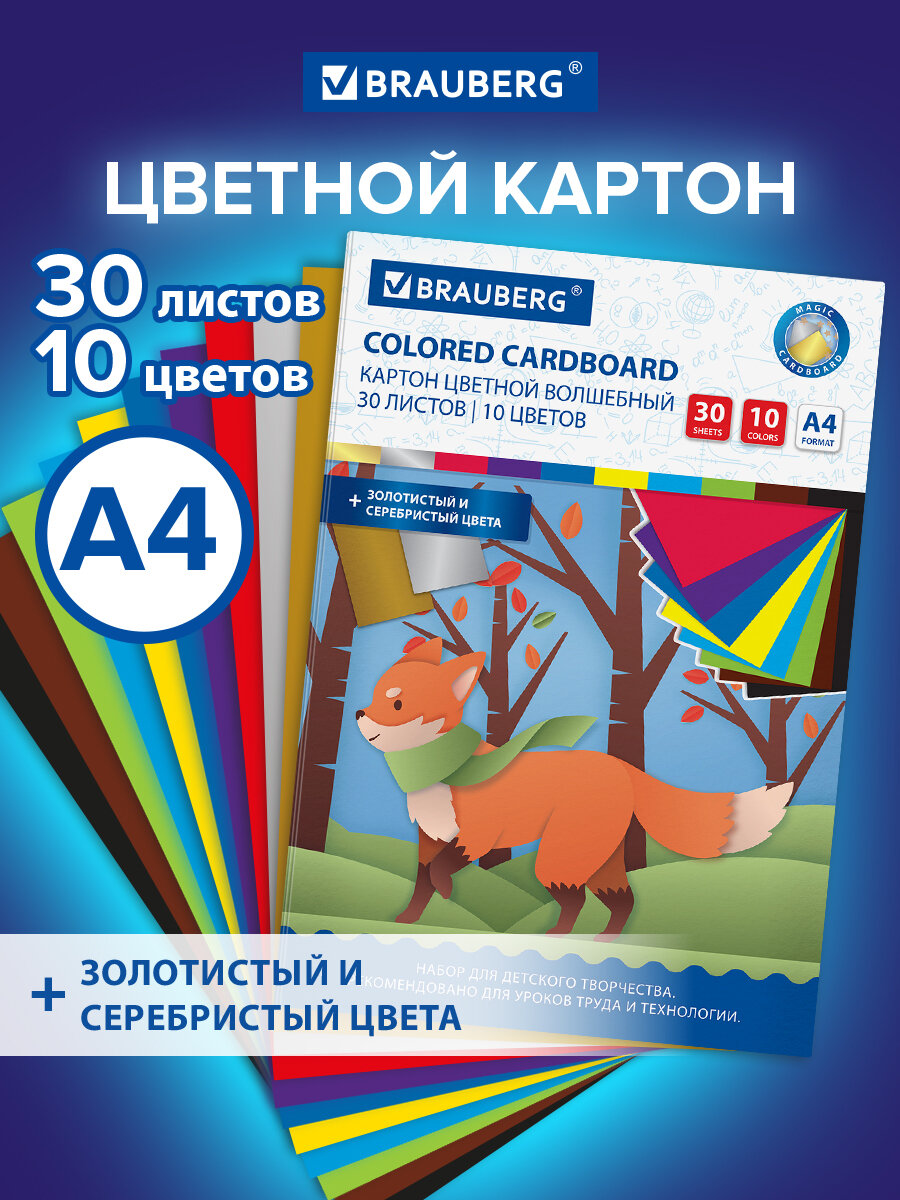 Картон цветной Brauberg 115641, А4 немелованный, 30л 10цв, в папке, 200х290мм 1124