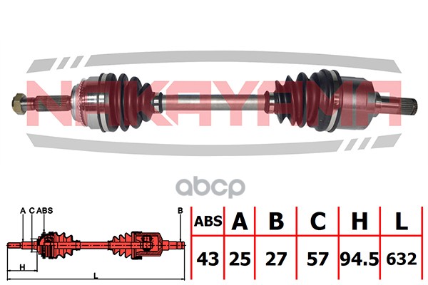

Вал приводной, перед. левый MITSUBISHI OUTLANDER 03-06 FWD (25x27x632x57 ABS:43)