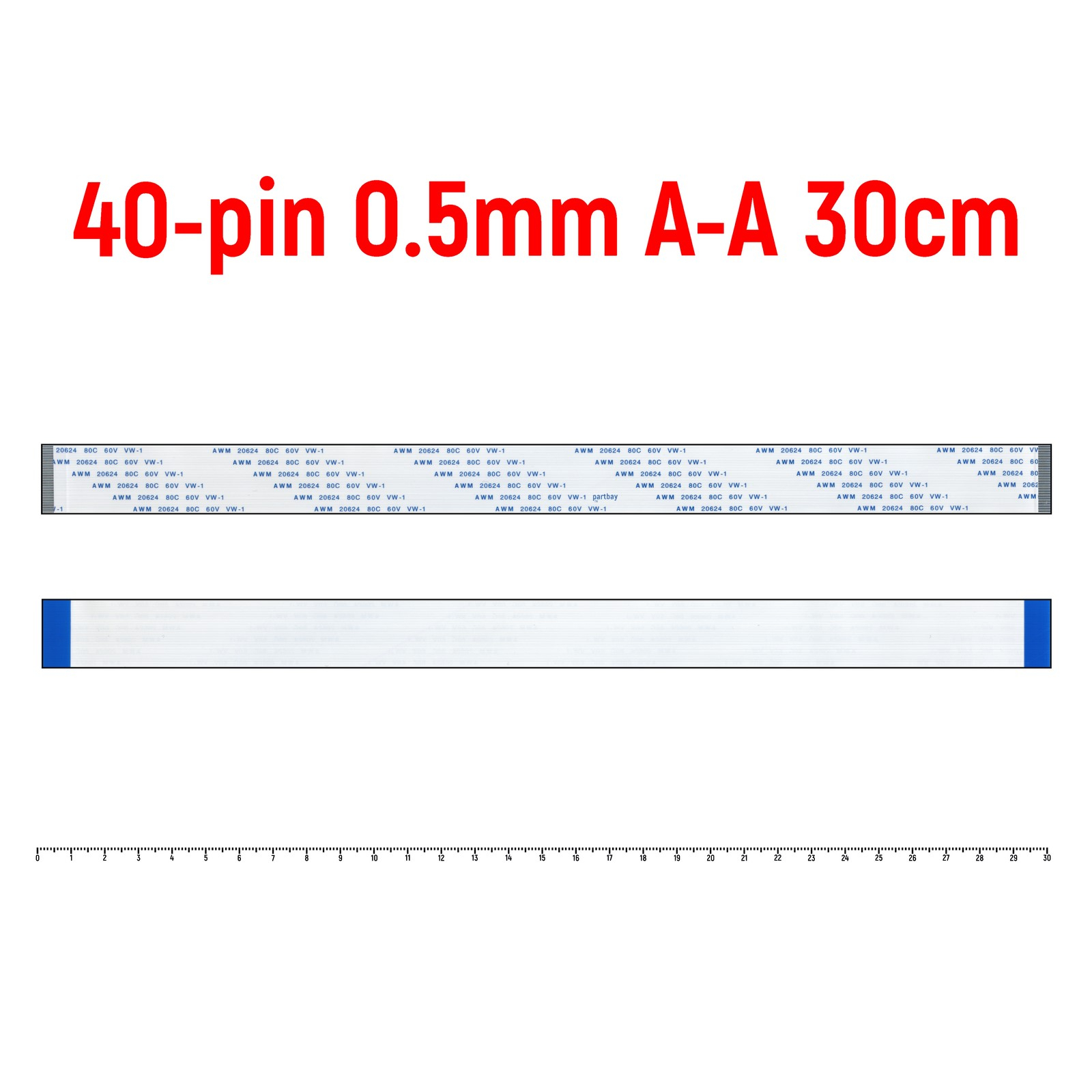 

Шлейф FFC 40-pin Шаг 0.5mm Длина 30cm Прямой A-A AWM 20624 80C 60V VW-1