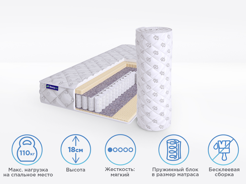 

Матрас полутороспальный BeautySon Roll SPRING Latex 3 S600 Бесклеевой 120x190 18 см, Roll SPRING Latex 3 S600 - Бесклеевой