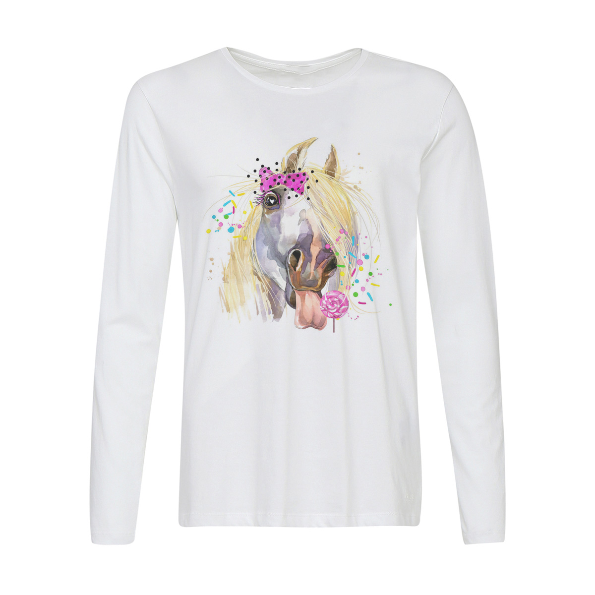 

Лонгслив CoolPodarok Животные. Лошадка с леденцом, Белый, 2w015474