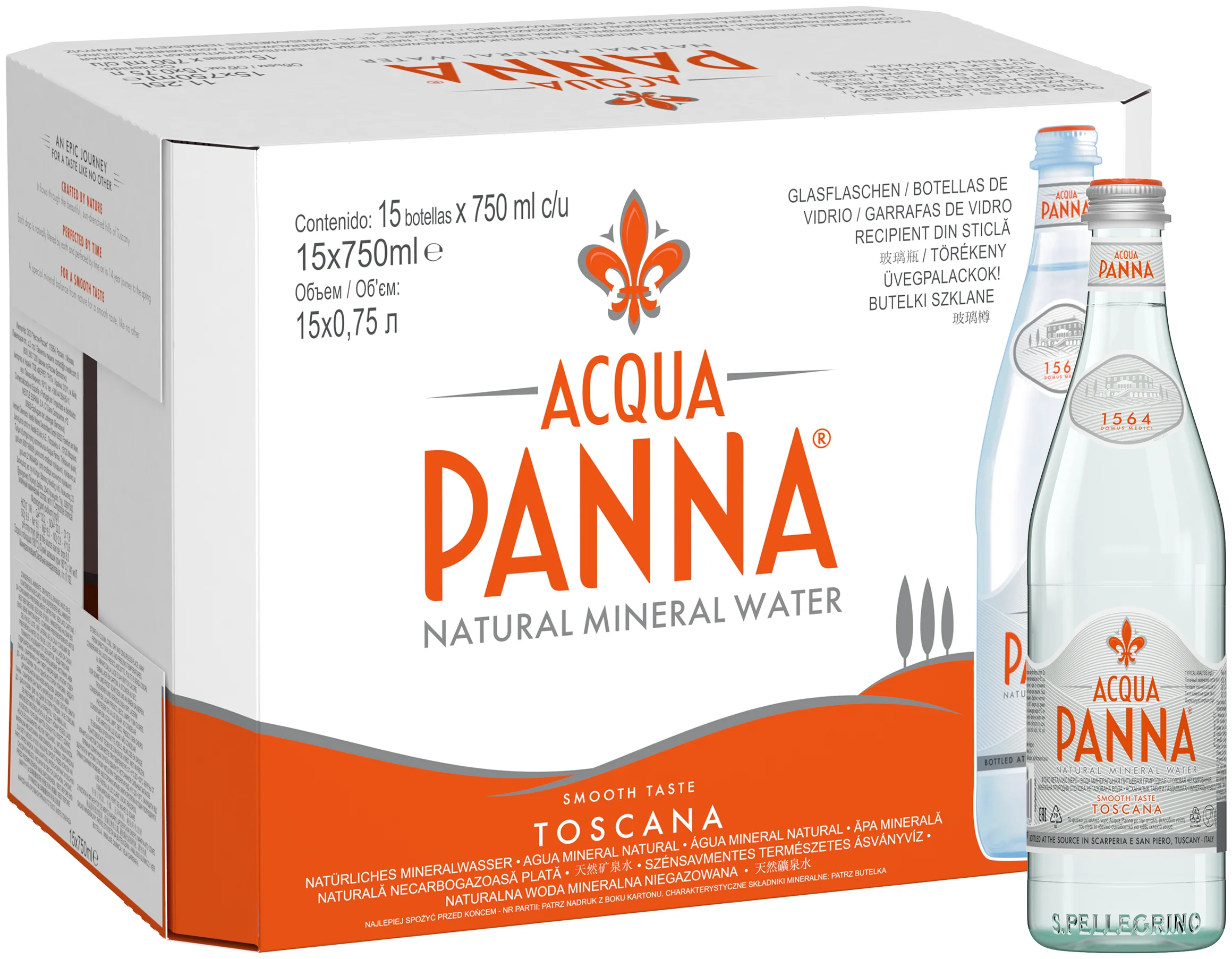 Acqua Panna / Аква Панна минеральная вода, негазированная, 15 шт. по 0.75л СТЕКЛО
