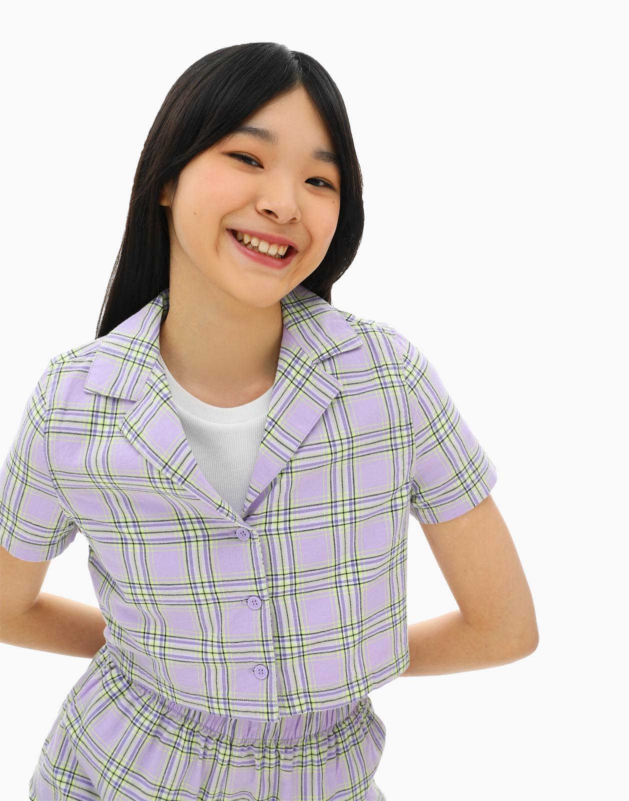 Фиолетовая укороченная рубашка в клетку для девочки р.152