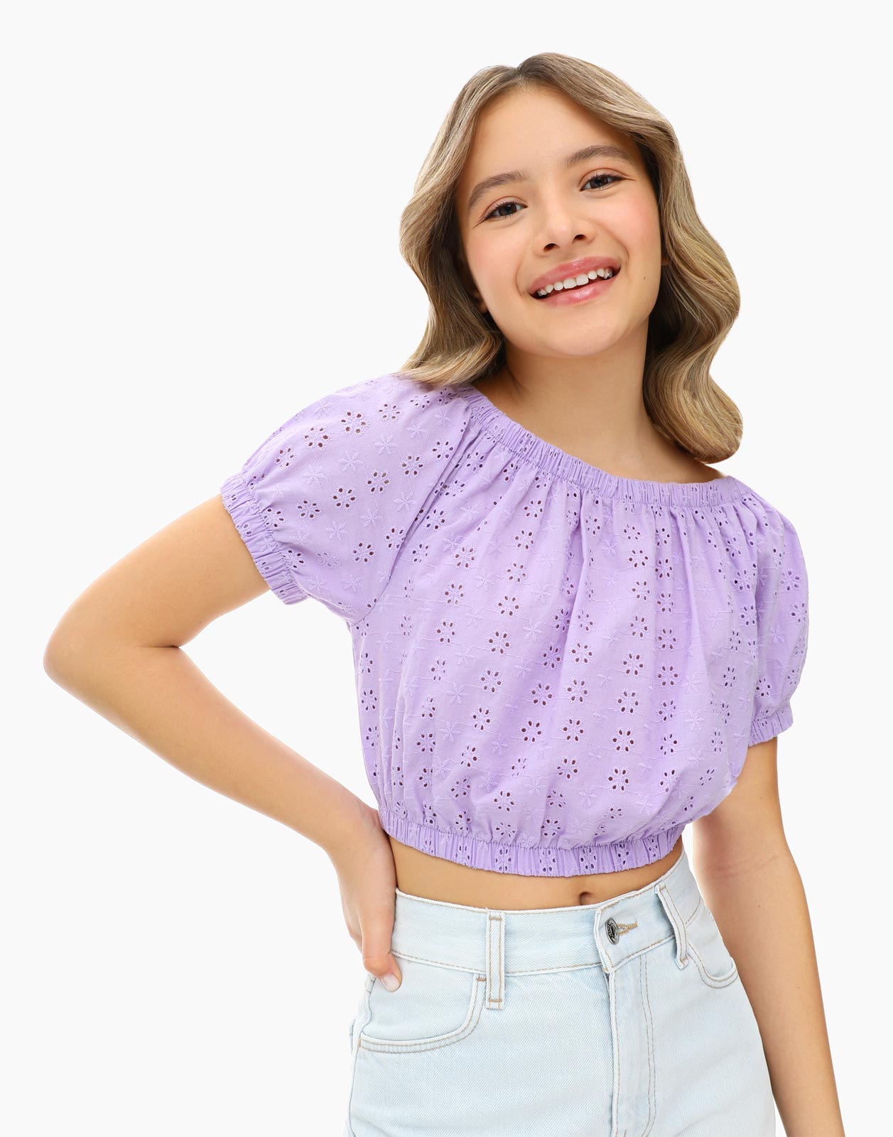 Фиолетовая блузка с вышивкой ришелье для девочки 6-8л/122-128