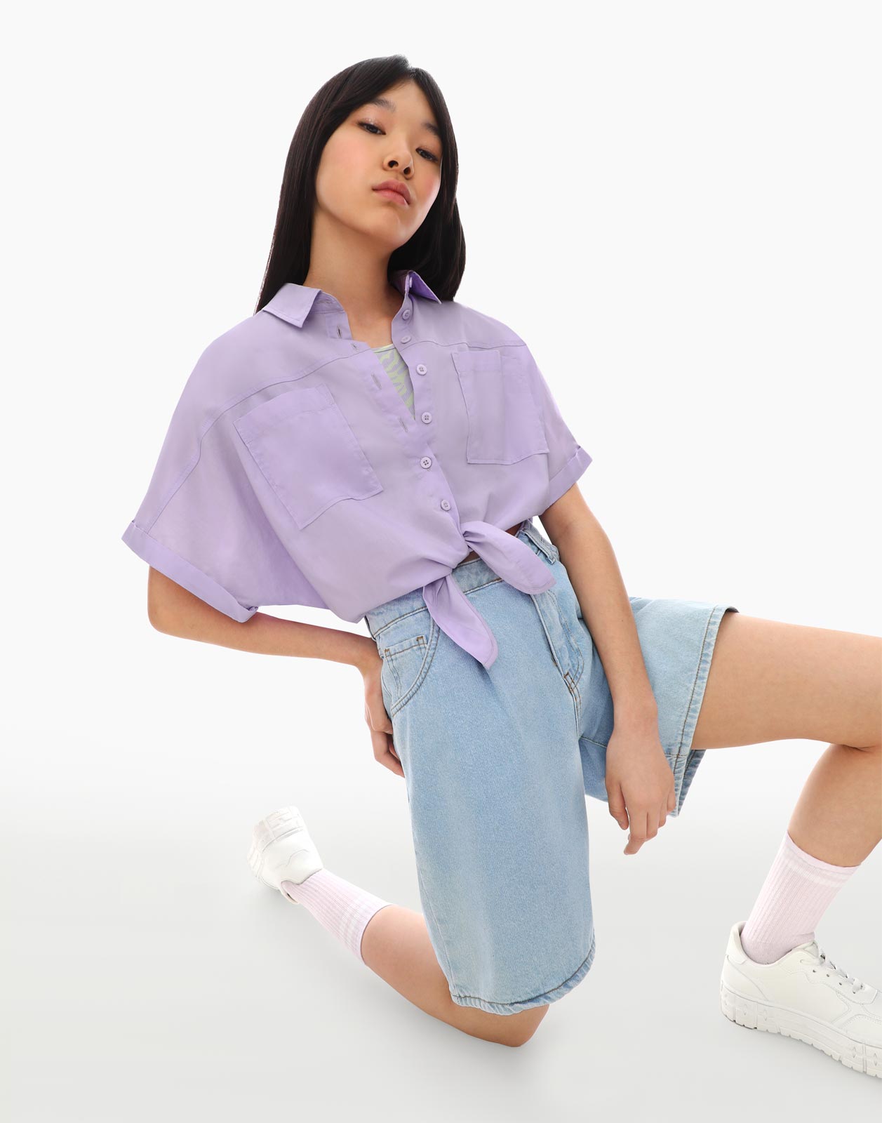 Фиолетовая укороченная рубашка с узлом для девочки р.158