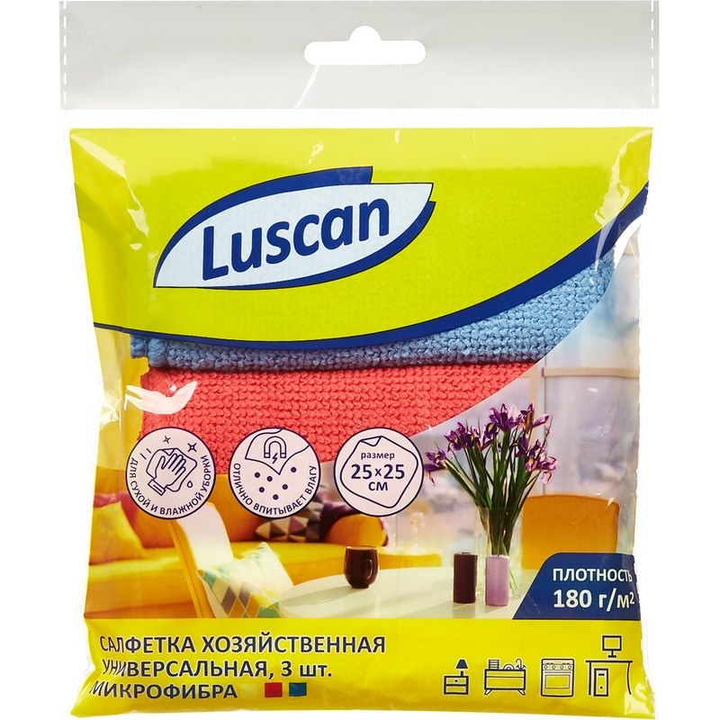 Салфетки Luscan хозяйственные, микрофибра, 180г, 25х25см син/крас/желт, 3шт. х 2уп.