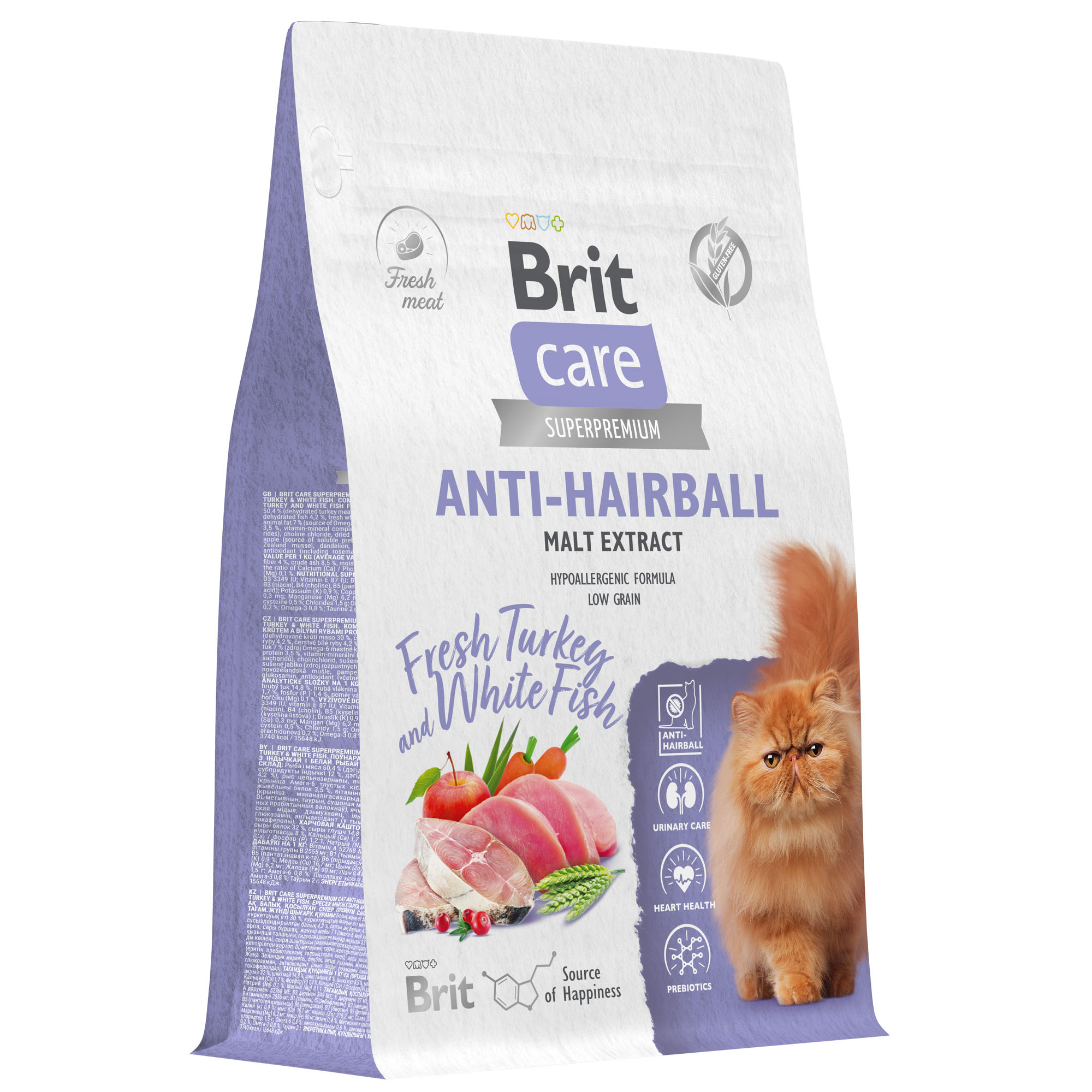 Сухой корм для кошек BRIT CARE Anti-Hairball с белой рыбой и индейкой, 0,4 кг