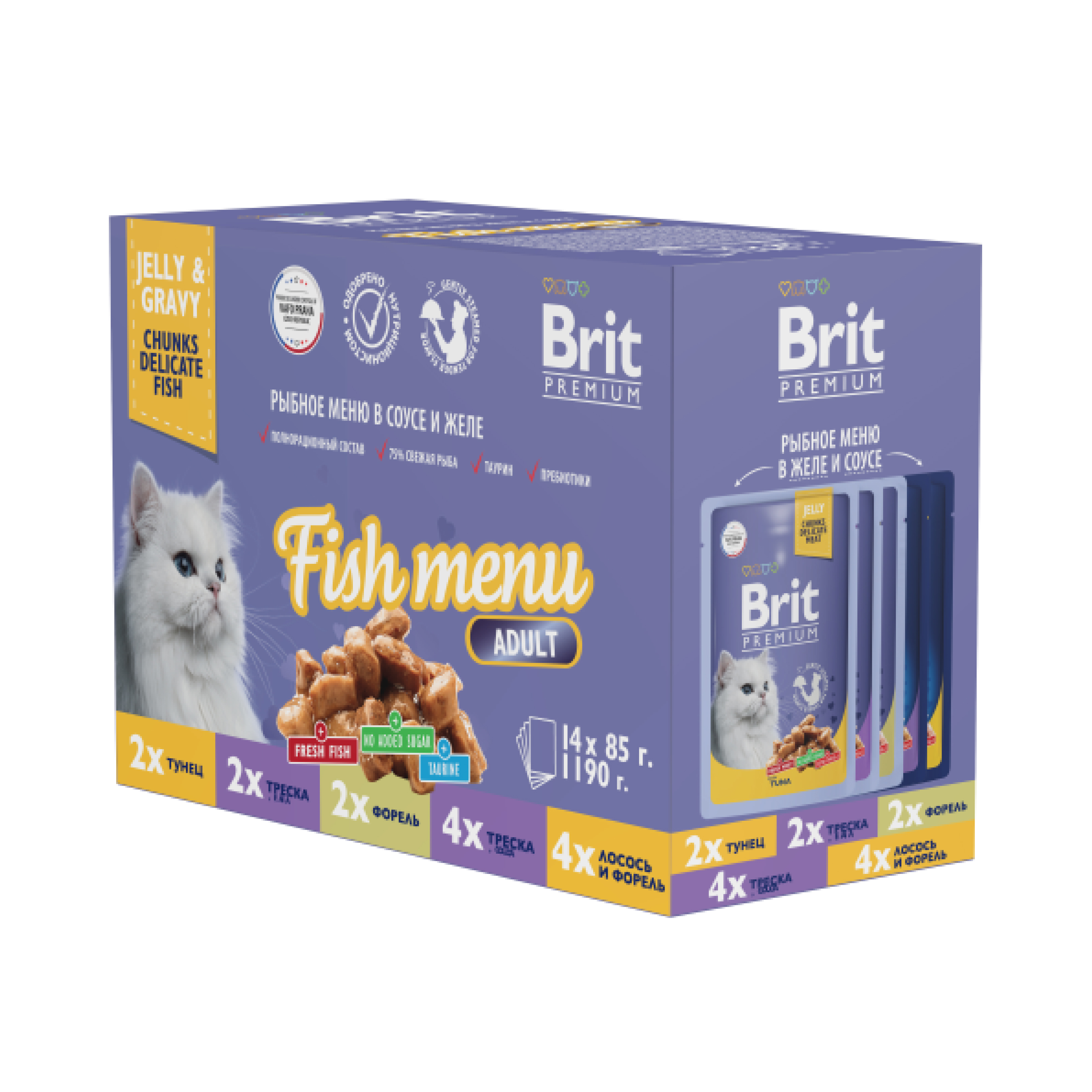 

Корм влажный Brit Premium для взрослых кошек, рыбное меню в соусе и желе, 14х85г, Premium