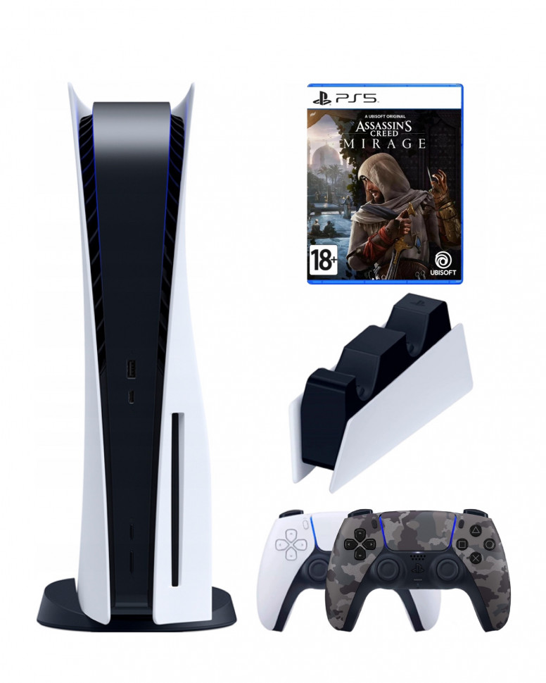 

Приставка Sony PlayStation 5+2-ой геймпад+зарядное(камуфляжный)+ Assassin's creed mirage, Белый;черный