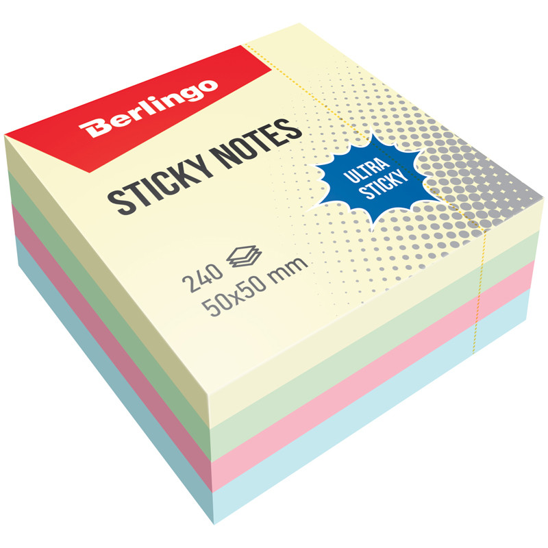 

Самоклеящийся блок "Ultra Sticky", 50x50 мм, 240 листов, 4 пастельных цвета