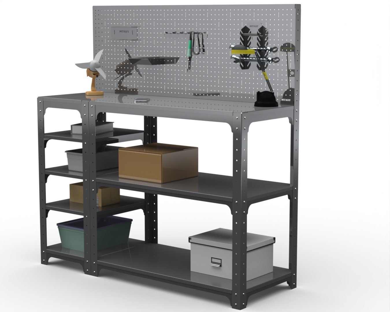 

Стол-верстак Metalex серия KIT 950х1800х400 с бок. полками, перфопанелью, серый