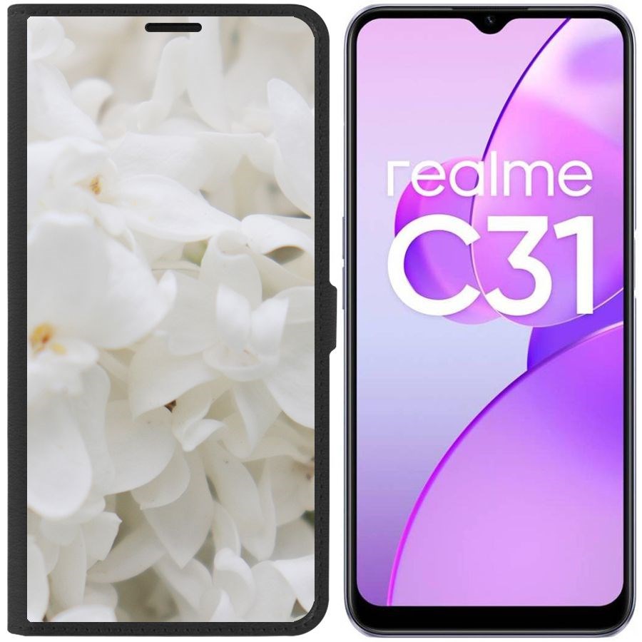 

Чехол-книжка Eco Book для Realme C31 Белые лилии, Черный