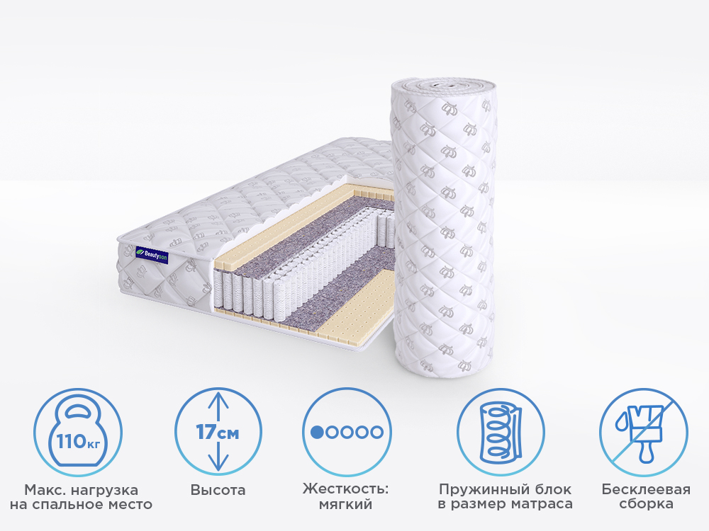 

Матрас полутороспальный BeautySon Roll SPRING Latex 2 S1200 Бесклеевой 135x190 17 см, Roll SPRING Latex 2 S1200 - Бесклеевой