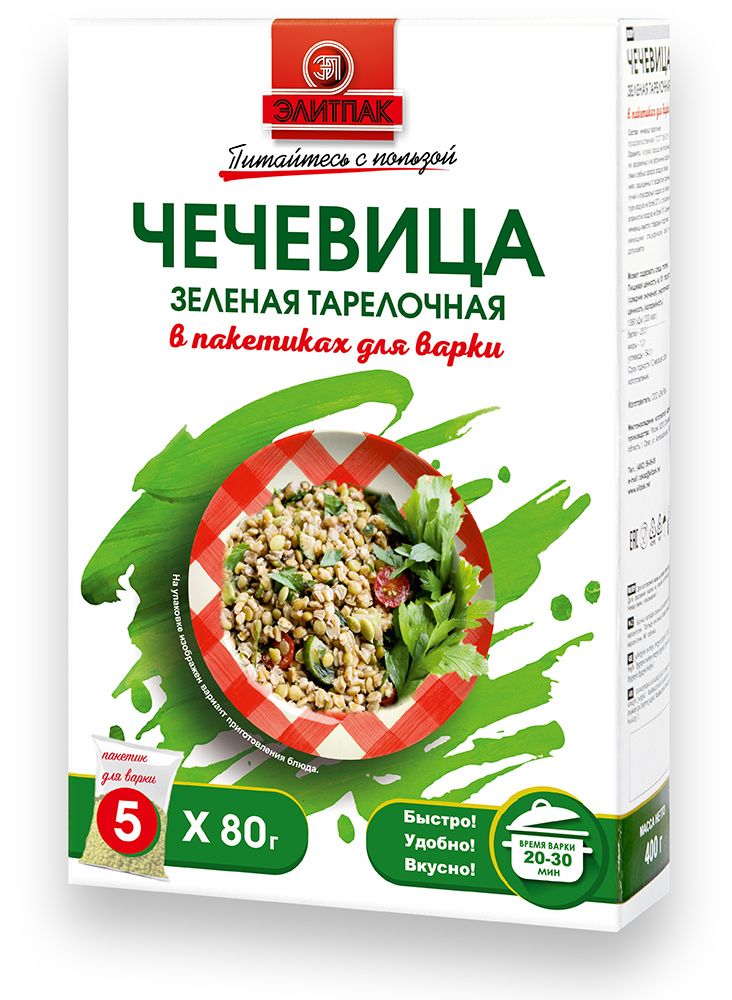 

Чечевица ЭлитПак зеленая тарелочная в пакетиках для варки 80 г х 5 шт