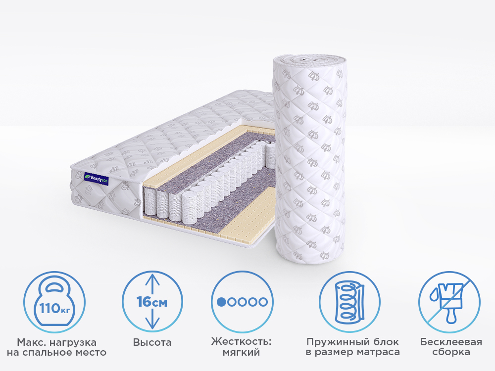 

Матрас полутороспальный BeautySon Roll SPRING Latex 1 S600 Бесклеевой 110x180 16 см, Roll SPRING Latex 1 S600 - Бесклеевой
