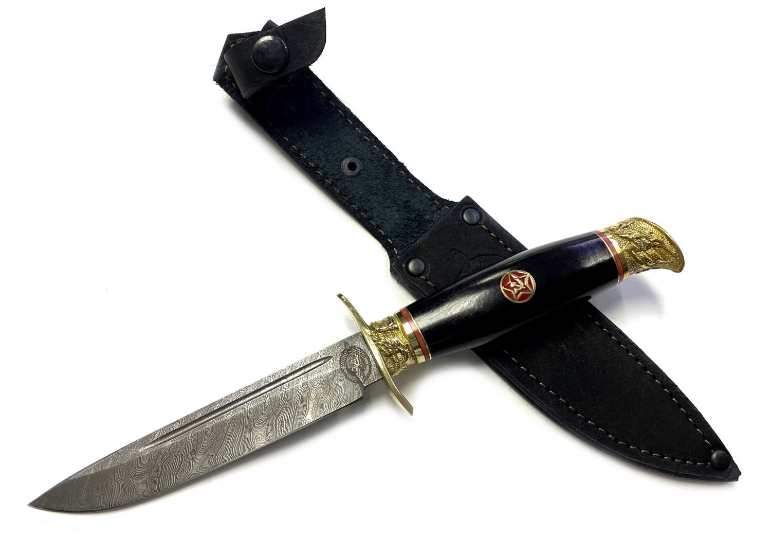 Нож Русский Молот Финка НКВД со звездой, дамасская сталь, черный граб, с литьем