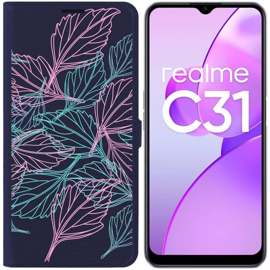 

Чехол-книжка Eco Book для Realme C31 Листья паттерн, Синий