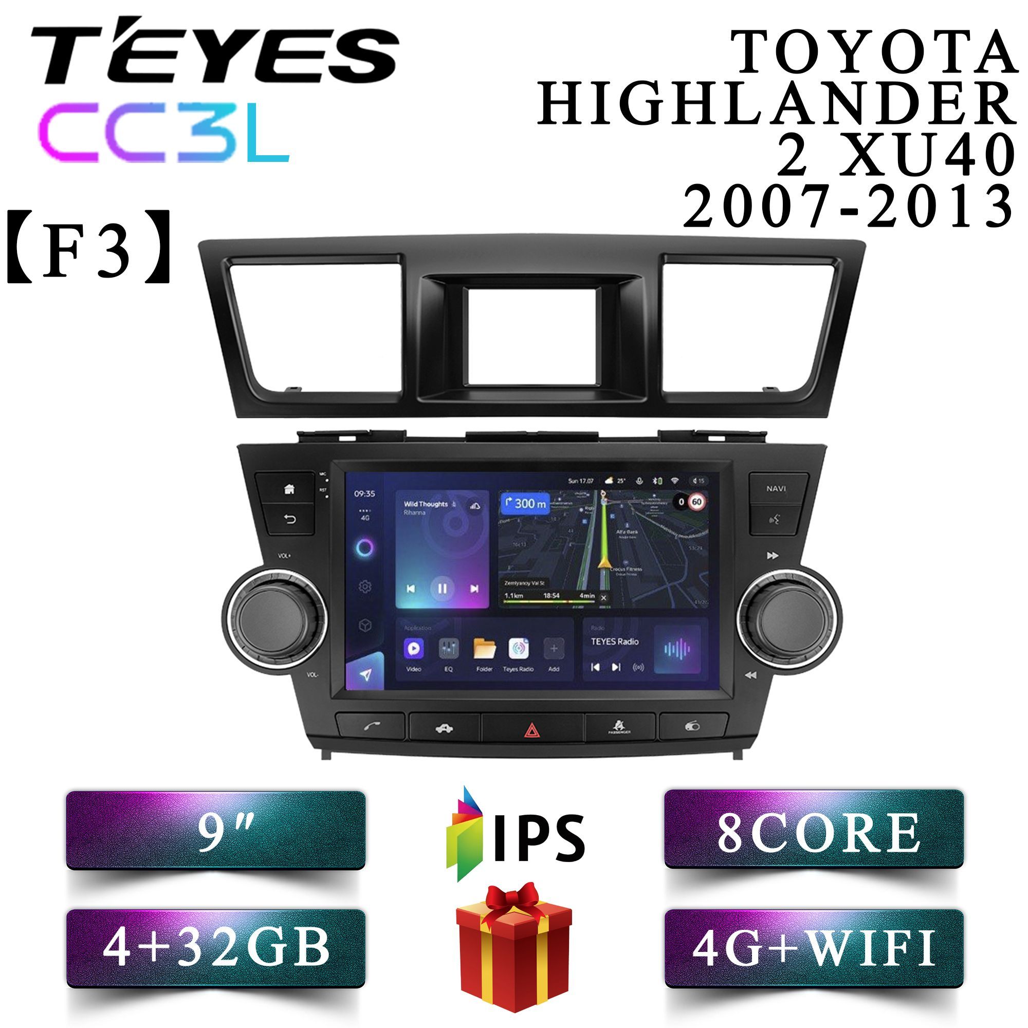 

Штатная автомагнитола Teyes CC3L 4+32GB 4G Toyota Highlander 2 XU40 F3 Хайлендер 2 android, CC3L 4+32