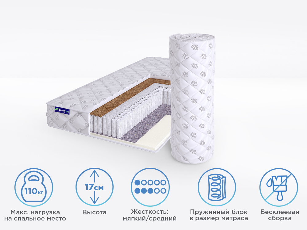 

Матрас полутороспальный BeautySon Roll SPRING Foam Cocos 1 S1200 Бесклеевой 130x186 17 см, Белый, Roll SPRING Foam Cocos 1 S1200