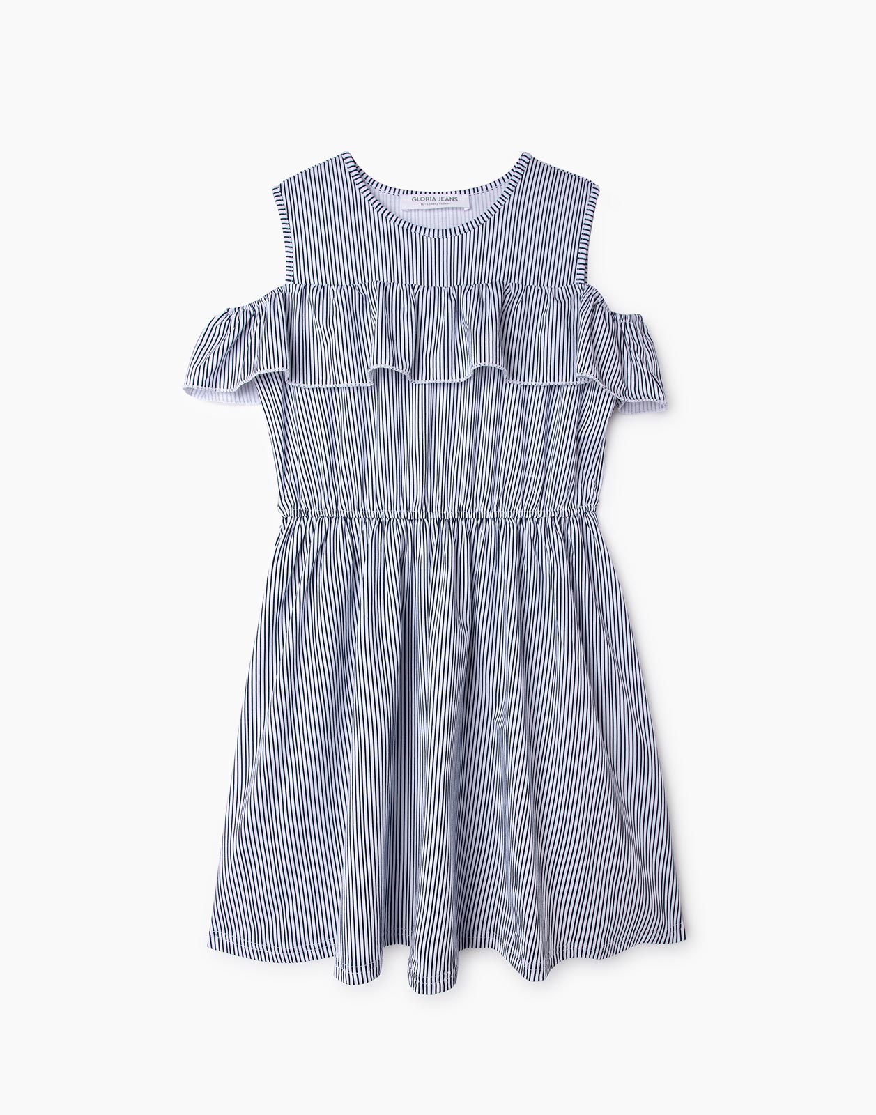 Тёмно-синее полосатое платье с открытыми плечами для девочки 10-12л/146-152