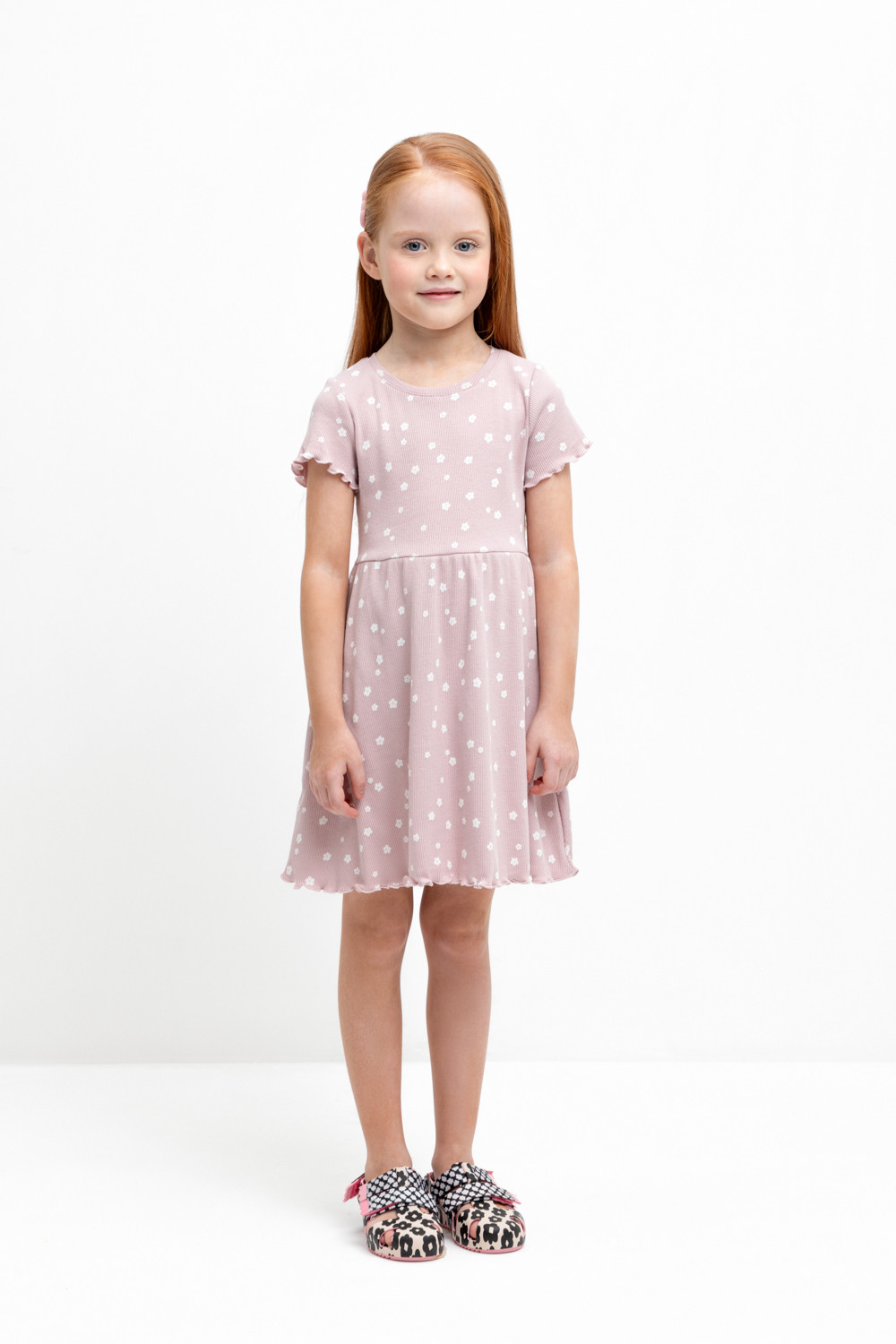 Платье детское CROCKID М 3546, розово-сиреневый, белые цветочки, 110 платье детское апрель 1дпк3998001н белые пятнышки на бирюзе 116