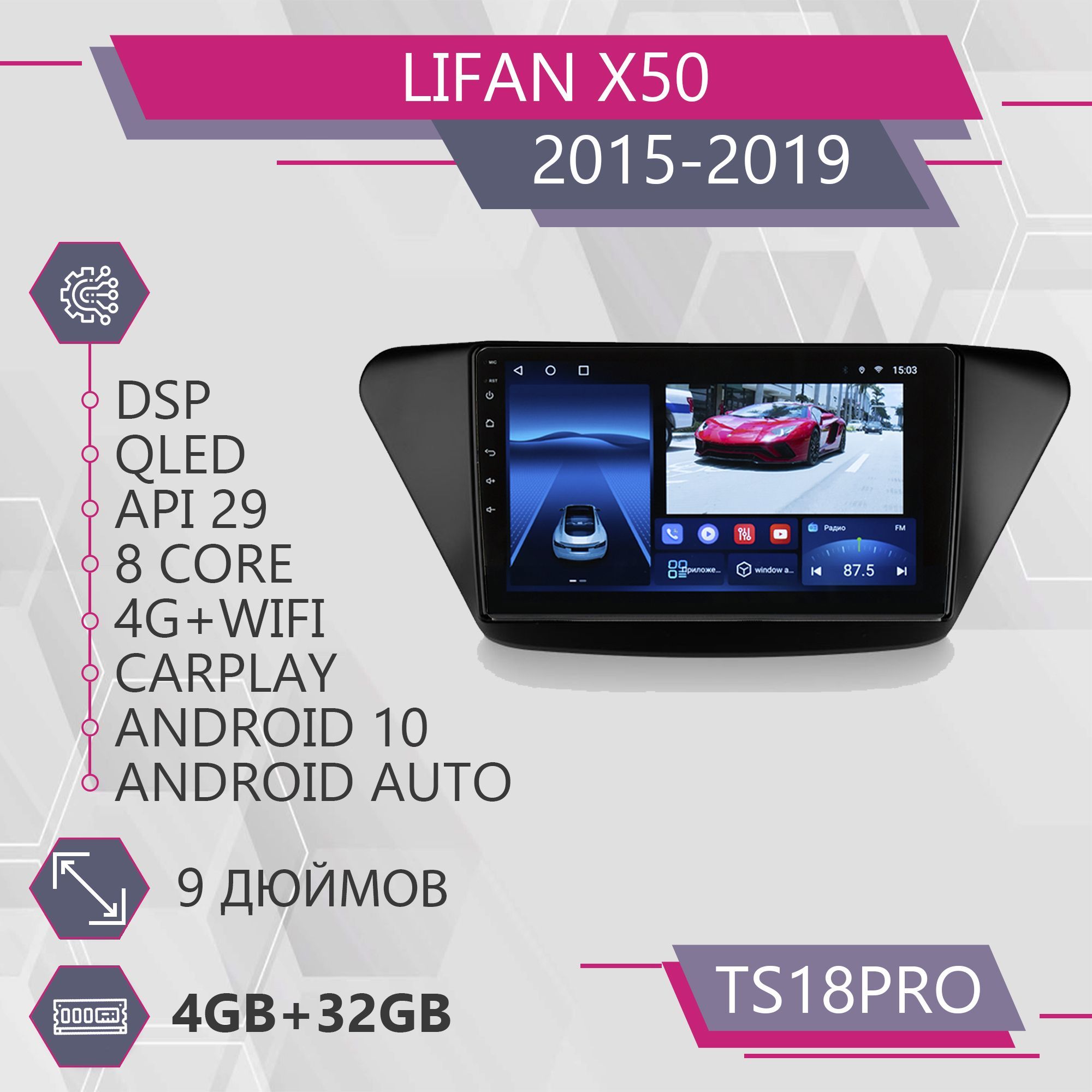 Магнитола Точка Звука TS18Pro для Lifan X50/ Лифан 4+32GB 2din