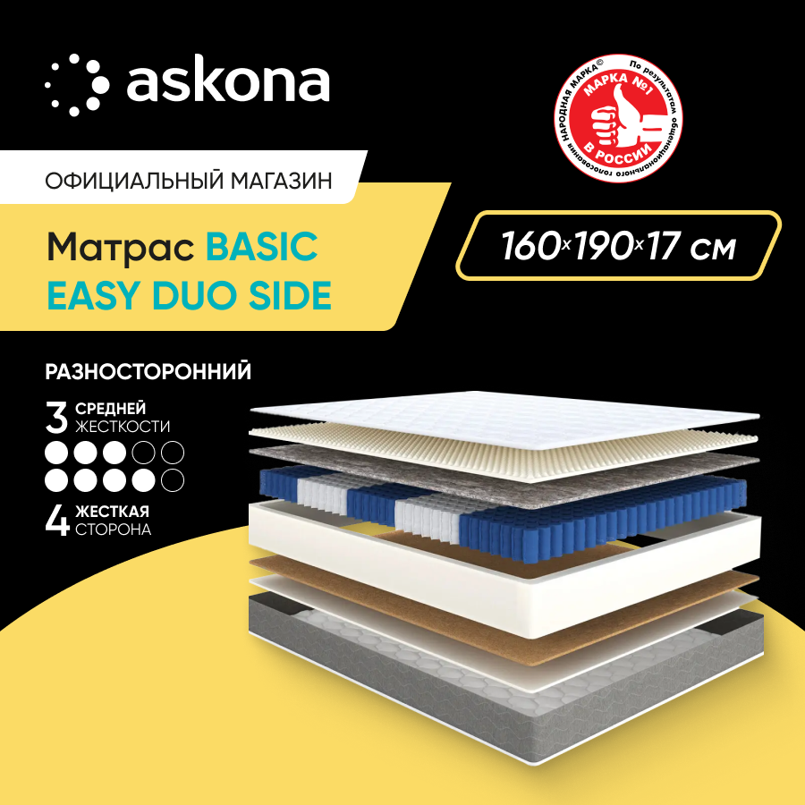 

Матрас анатомический Askona (Аскона) Basic Easy Duo Side 160x190, Белый, Basic Easy Duo Side