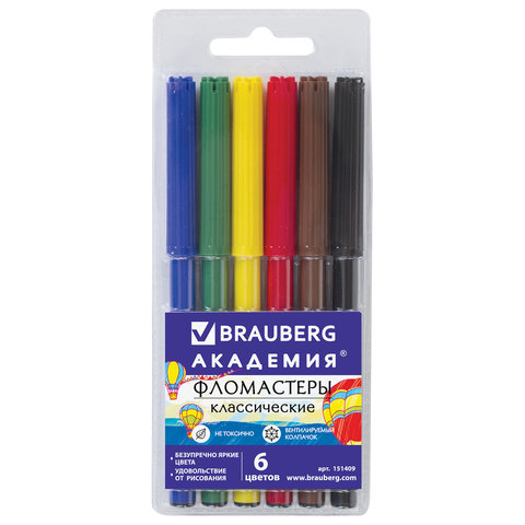 Фломастеры Brauberg Академия, 6 цветов, ПВХ упаковка, 151409, 24 шт
