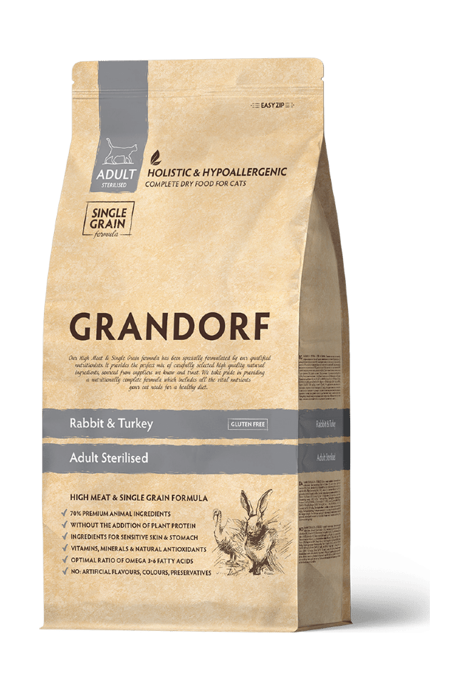 

Сухой корм для кошек Grandorf с кроликом и индейкой, для стерилизованных, 2шт по 2кг