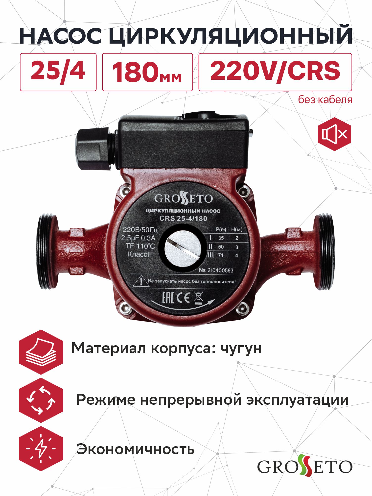 Насос циркуляционный Grosseto 25/4 180мм, 220V/CRS (без кабеля)