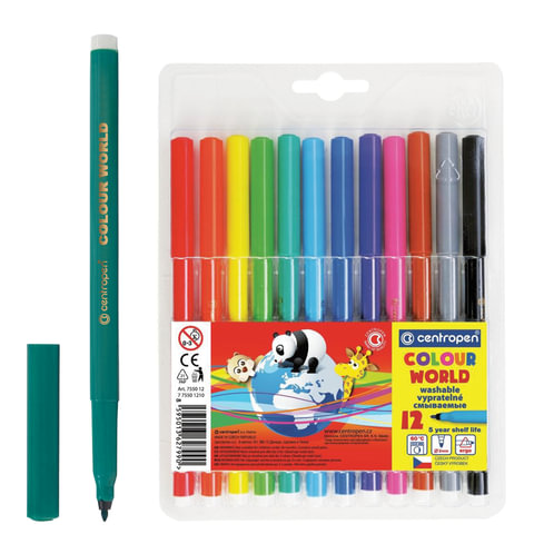 

Фломастеры 12 цветов Centropen Colour World, круглые, смываемые, 3 шт, Бордовый;голубой;желтый;зеленый;коричневый;красный;оранжевый;розовый;серый;синий;фиолетовый;черный