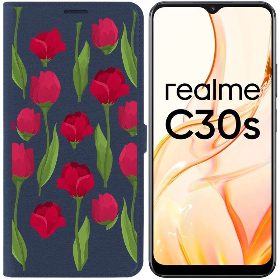 

Чехол-книжка Eco Book для Realme C30s Розы паттерн, Синий