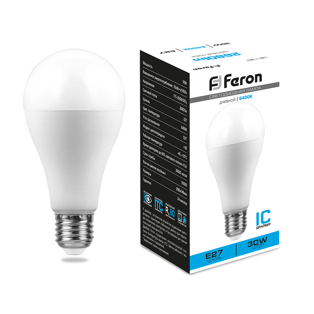 фото Лампа светодиодная feron lb-130 38196 (30w) 230v e27 6400k a80 упаковка 10 шт.