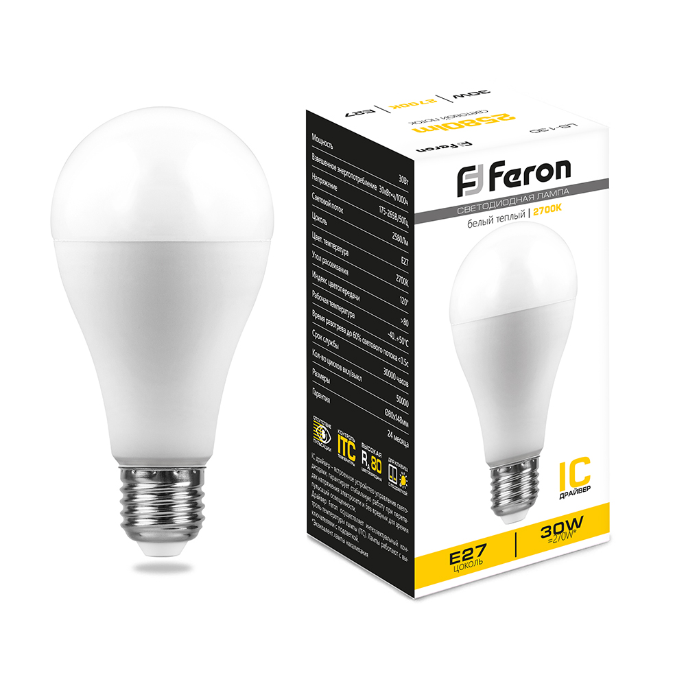 фото Лампа светодиодная feron lb-130 38194 (30w) 230v e27 2700k a80 упаковка 10 шт.