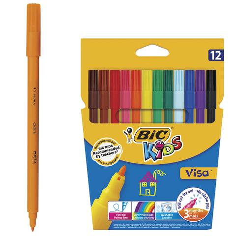 Фломастеры BIC Kids Visa, 12 цветов, суперсмываемые, 889695, 888695, 3 шт