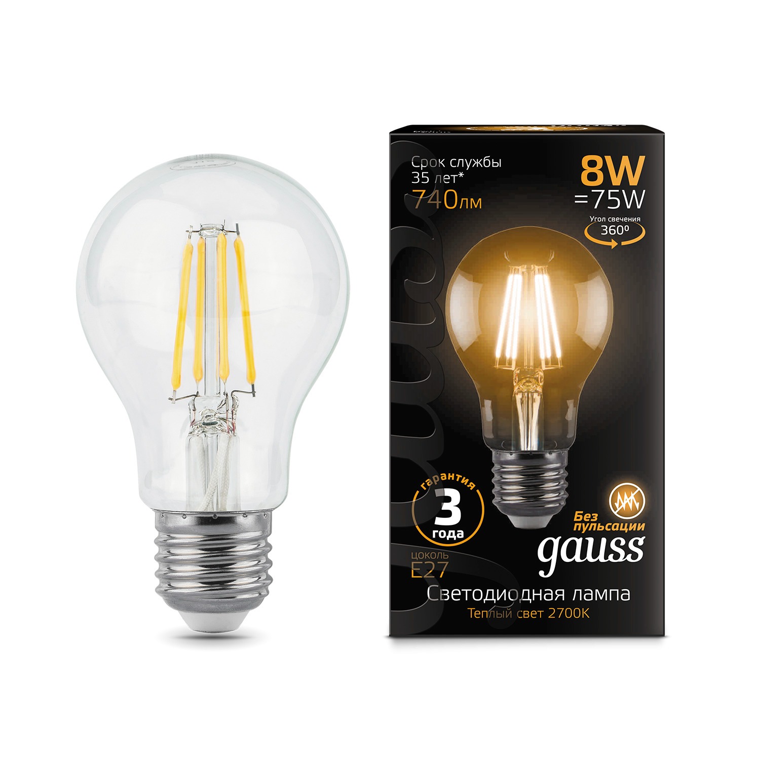 

Лампа Gauss LED Filament A60 E27 10W 930lm 2700К 102802110