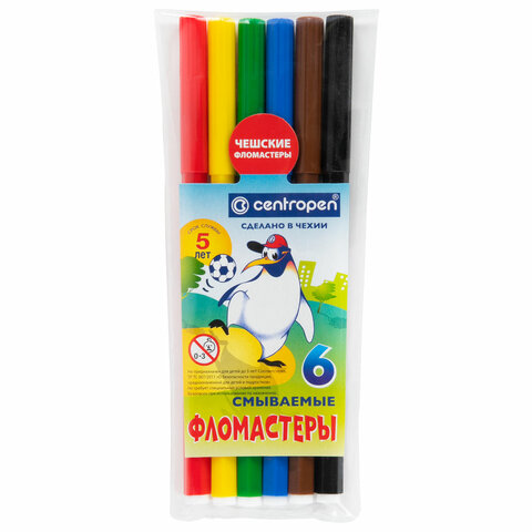 

Фломастеры 6 цветов Centropen Пингвины, смываемые, 8 шт, Коричневый;красный;желтый;зеленый;синий;черный